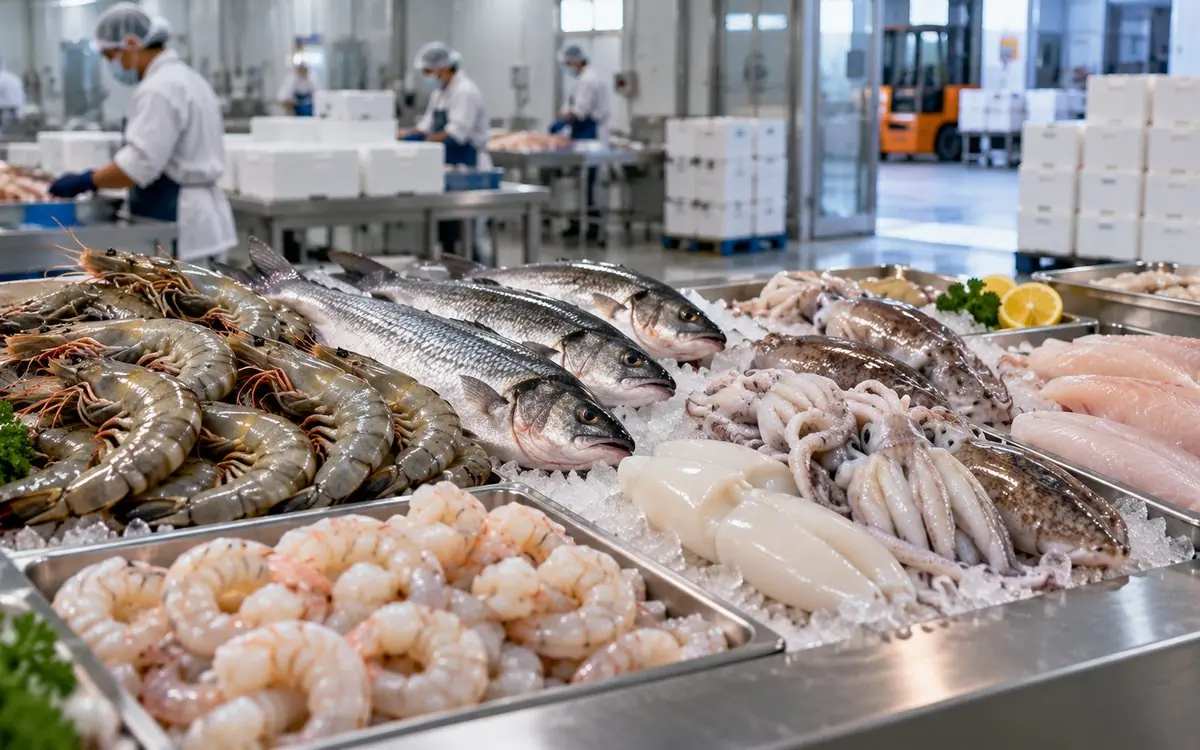 Shrimp, whole fish, squid and fillets on ice in a processing plant