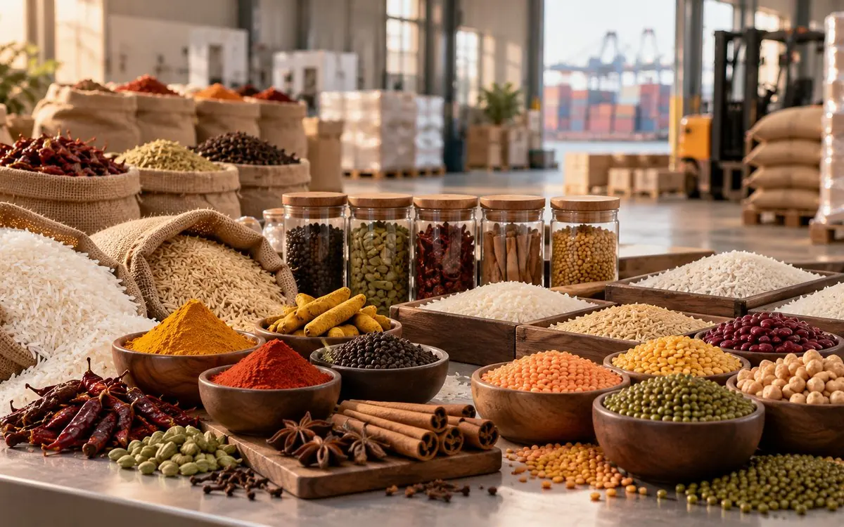 Turmeric, chillies, cinnamon, rice and pulses laid out in a warehouse