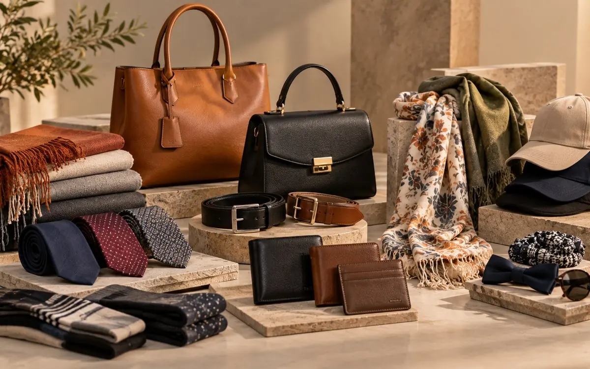 Leather bags, belts, wallets, ties, scarves and caps