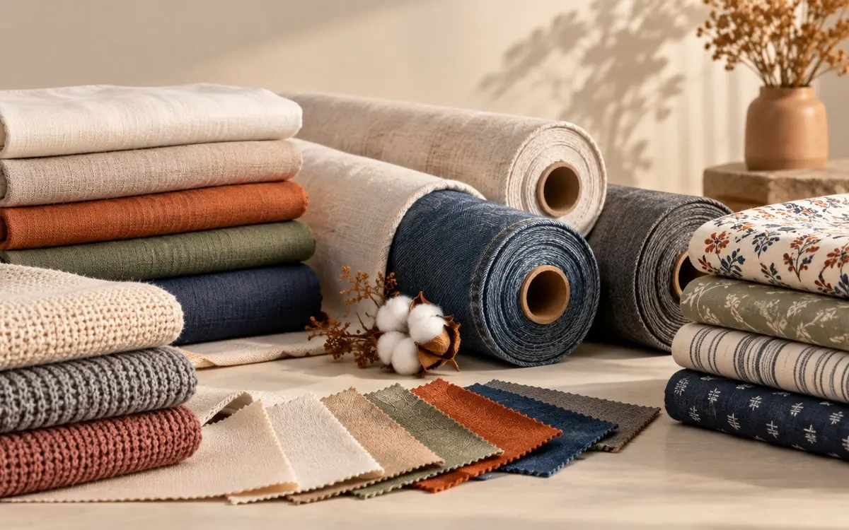 Folded fabrics, denim rolls and swatch cards