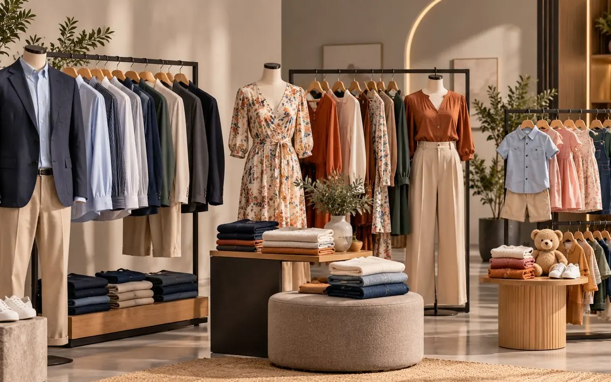 Men's, women's and children's apparel on display rails