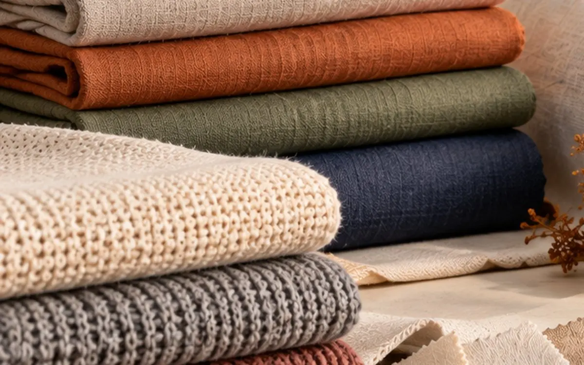 Folded linen and knitted throws in natural colours
