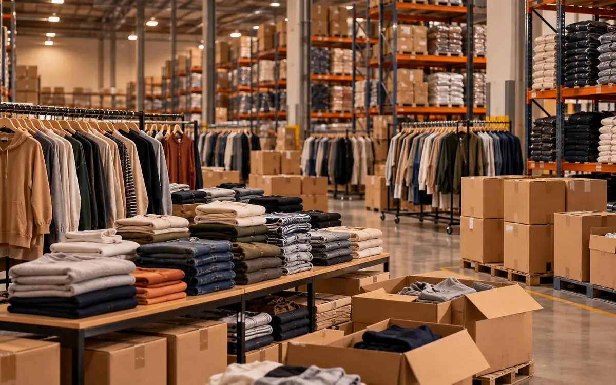 Packed apparel stock on rails and in cartons in a warehouse