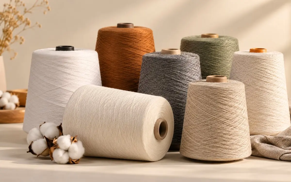 Cones of cotton, viscose and blended yarn in natural shades